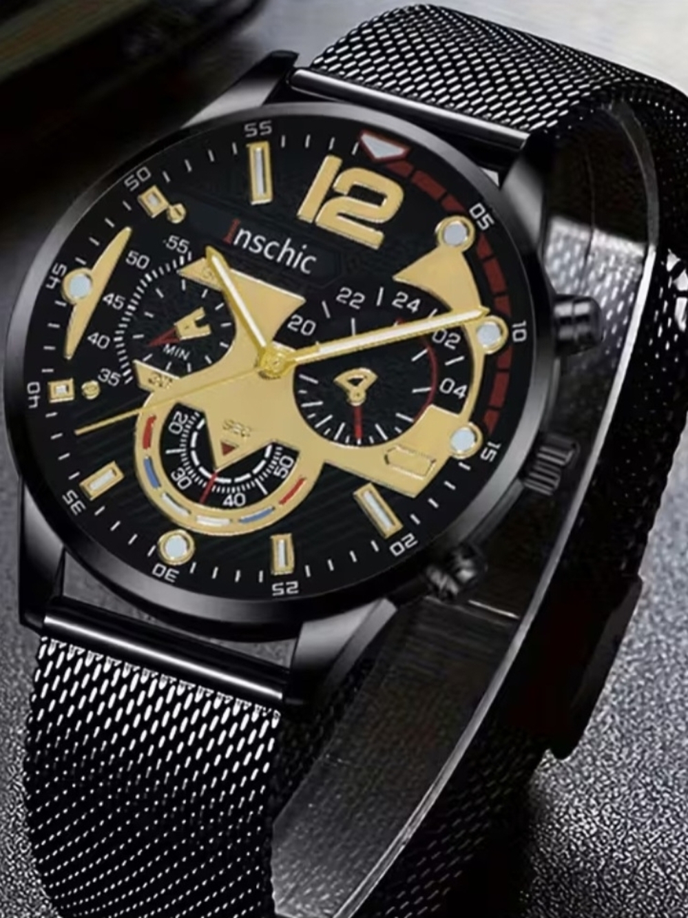 Black and Gold Men's Mesh Strap Watch